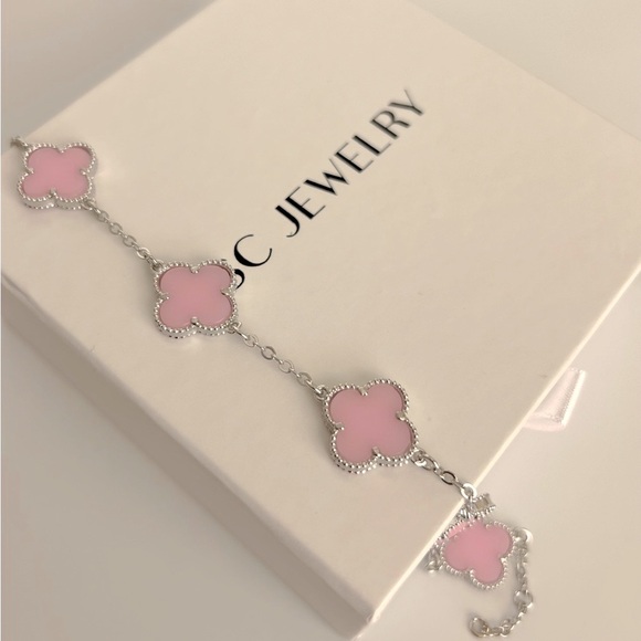 Hot Pink Clover Bracelet 5 Motif Double Sided Silver Chain - Picture 3 of 11